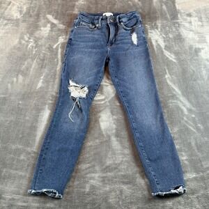 Good American Distressed Skinny Jeans Blue High Rise Raw Hem Size 0/25 GLCFH941T